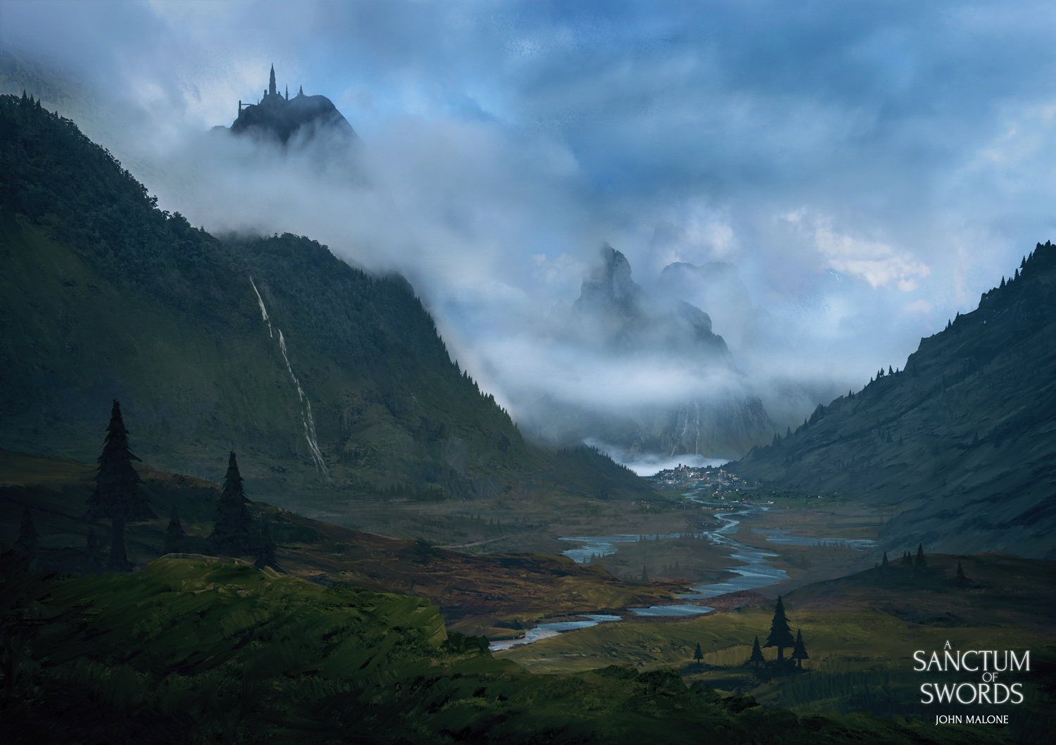Epic fantasy illustration of Golden Valley with a city nestled between towering mountains and dramatic sweeping vistas