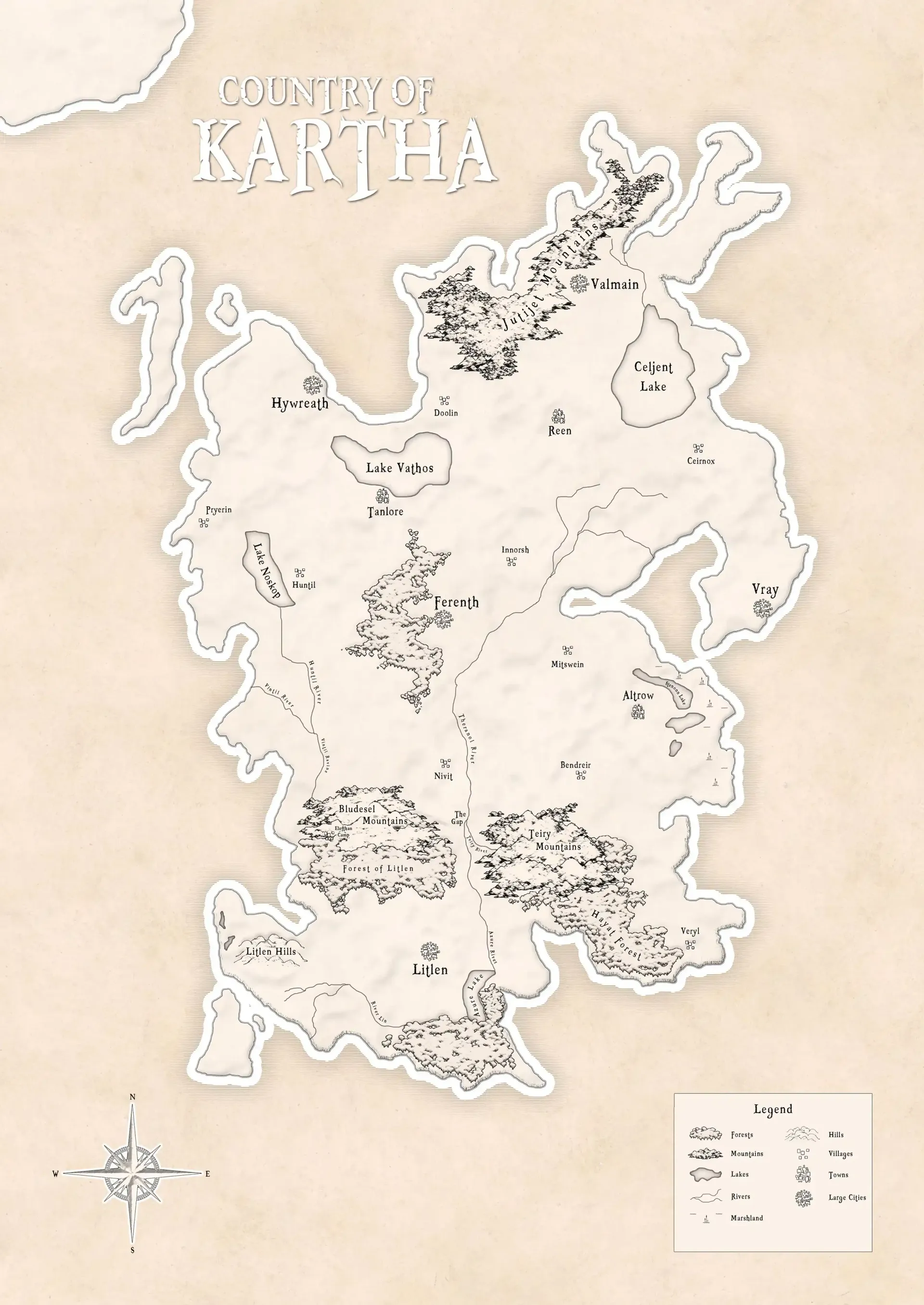 Fantasy map of the Country of Kartha showing labeled regions, rivers, forests, hills, and settlements with compass and legend