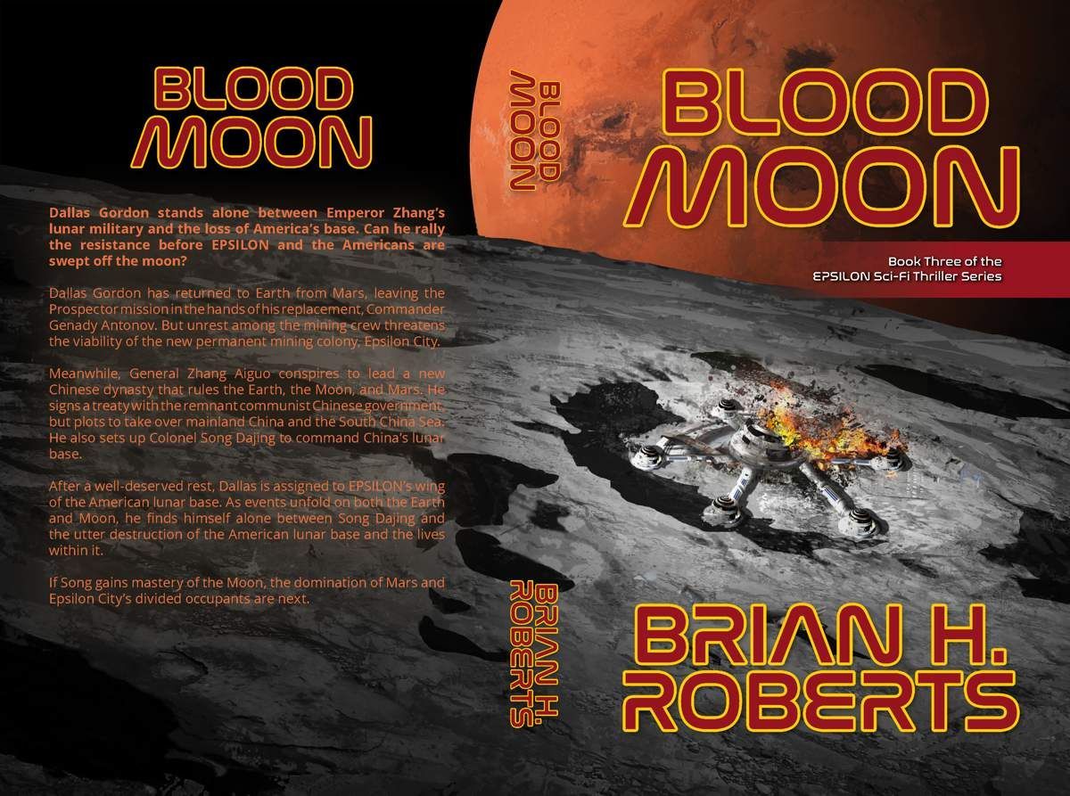 Cover of Blood Moon showing Mars looming large as a surface facility explodes in the foreground during a violent blast