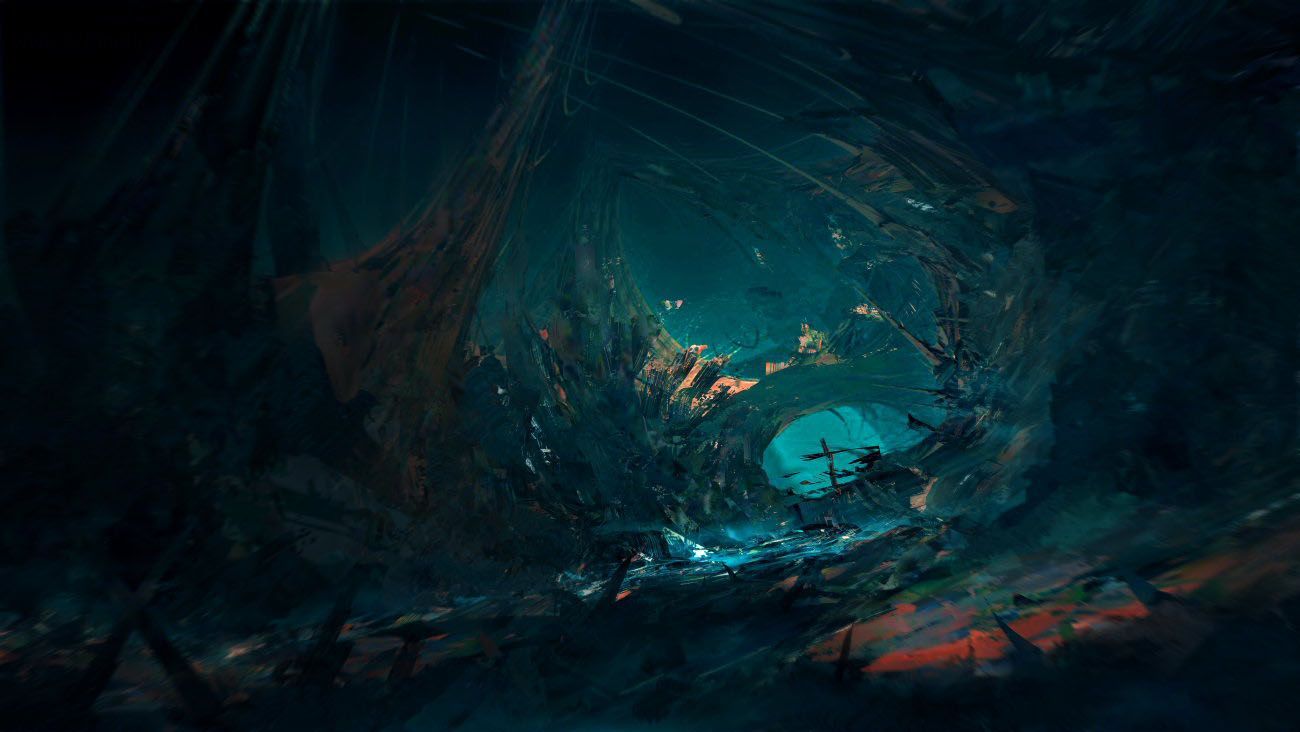 Abstract illustration ‘Camp of the Enemy’ with dark jagged shapes and textured brush strokes evoking chaos and danger