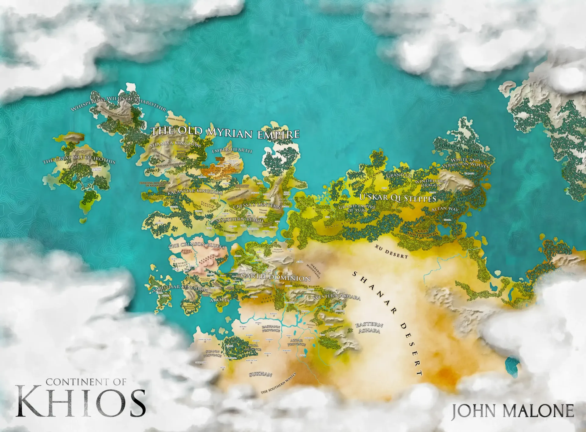 Fantasy map of the Continent of Khios showing landmasses, forests, deserts, rivers, and labeled regions in a detailed style