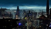 Futuristic sci-fi Chicago skyline with towering skyscrapers, glowing lights, and advanced architectural elements