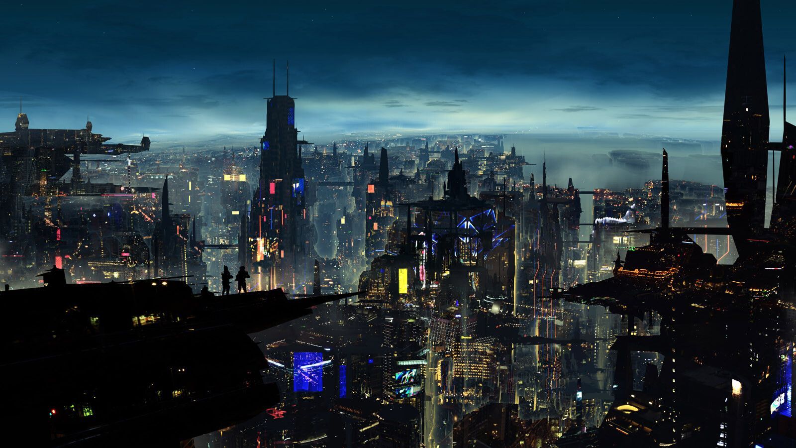 Futuristic sci-fi Chicago skyline with towering skyscrapers, glowing lights, and advanced architectural elements