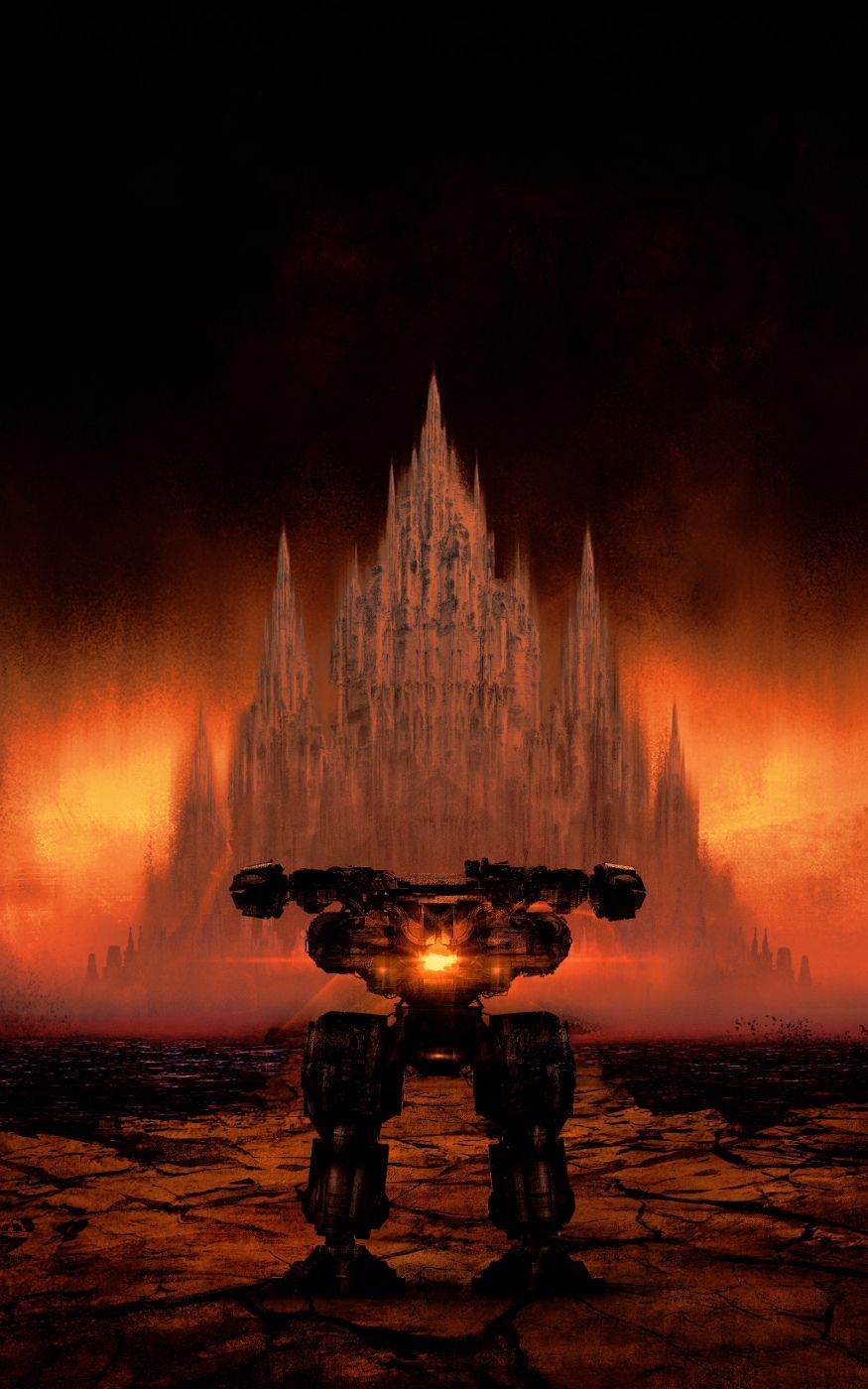 Dark Legacies cover showing a mech facing a large ominous structure with twisted trees and mist in a gothic landscape