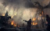 Epic fantasy scene of a fortress on mountains with adventurers below and a colossal dragon roaring atop under a stormy sky