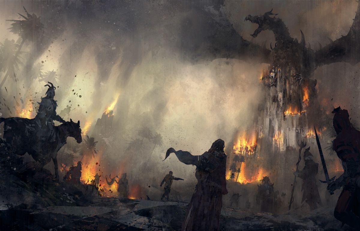 Epic fantasy scene of a fortress on mountains with adventurers below and a colossal dragon roaring atop under a stormy sky