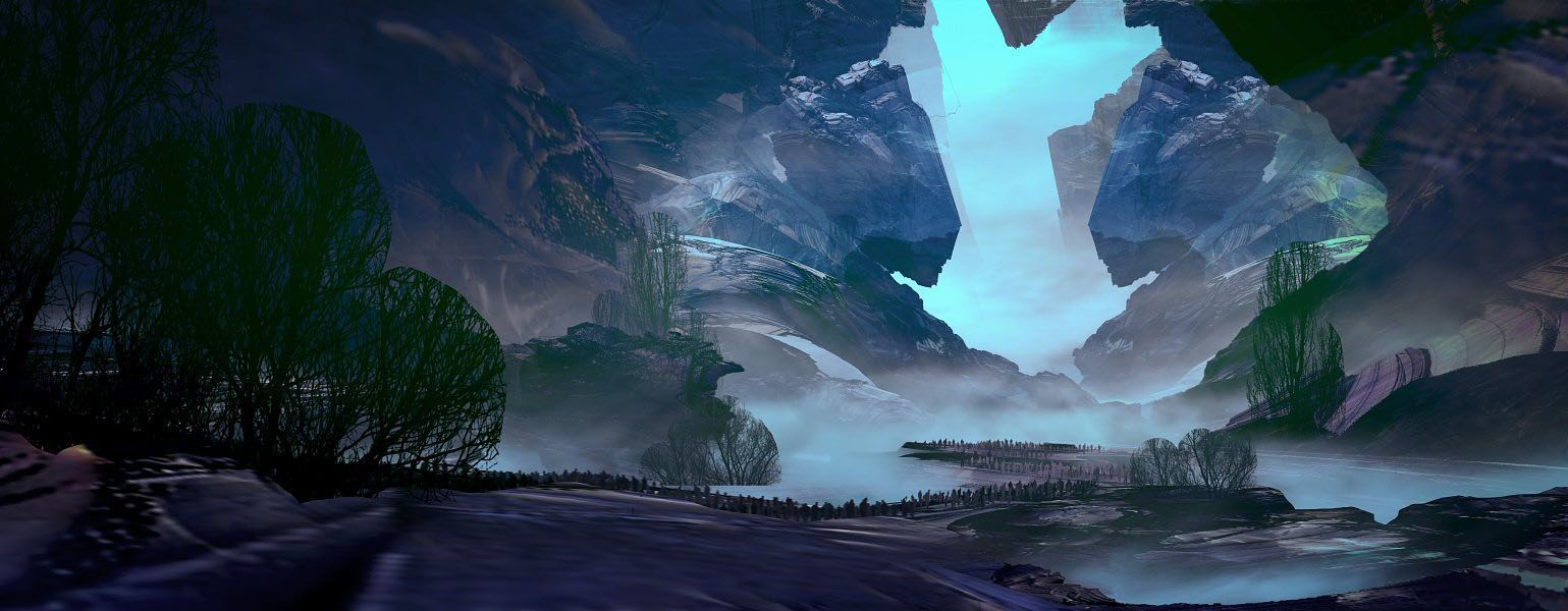 Abstract scene of people walking through towering alien-like statue faces, creating a mysterious, otherworldly atmosphere