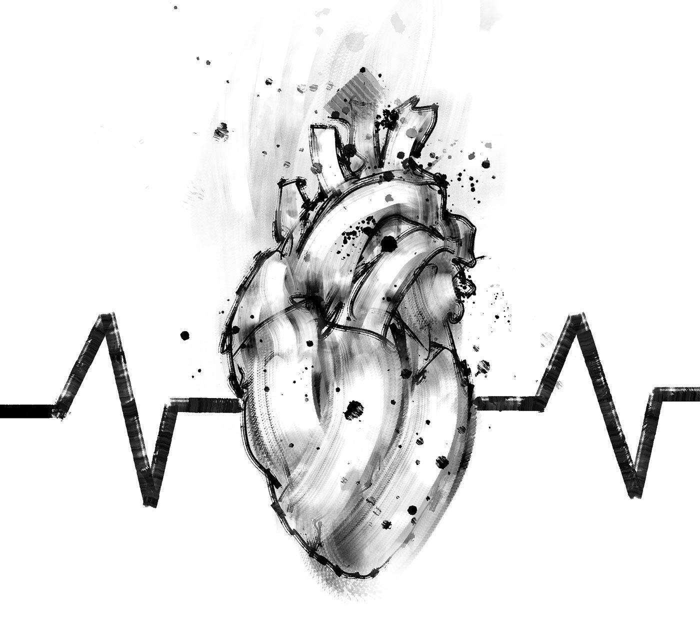 Stylized heart illustration with EKG heartbeat curves radiating from it, symbolizing life, emotion, and vitality