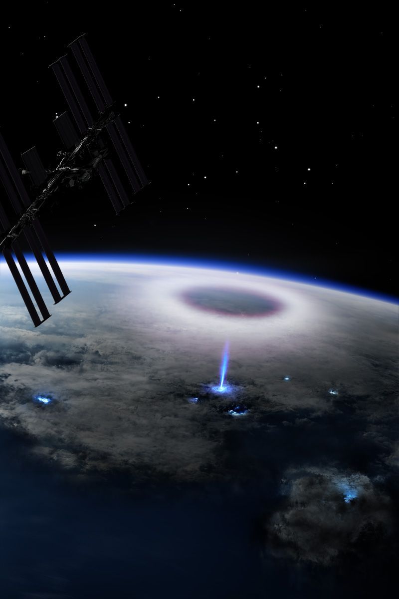 White elve phenomenon glowing above massive thunderstorm viewed from International Space Station in Earth orbit