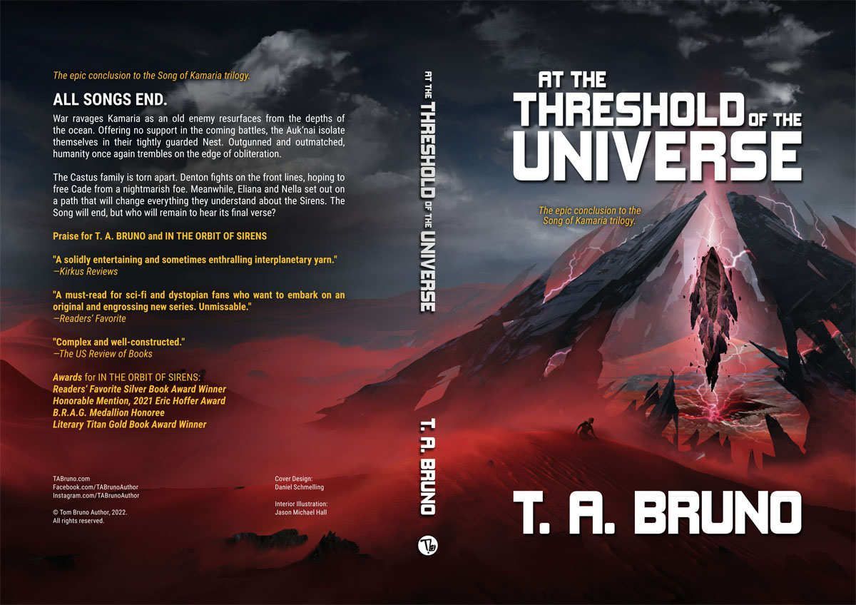 Cover of On the Threshold of the Universe showing a dramatic planet‑like peak with cosmic sky and space elements