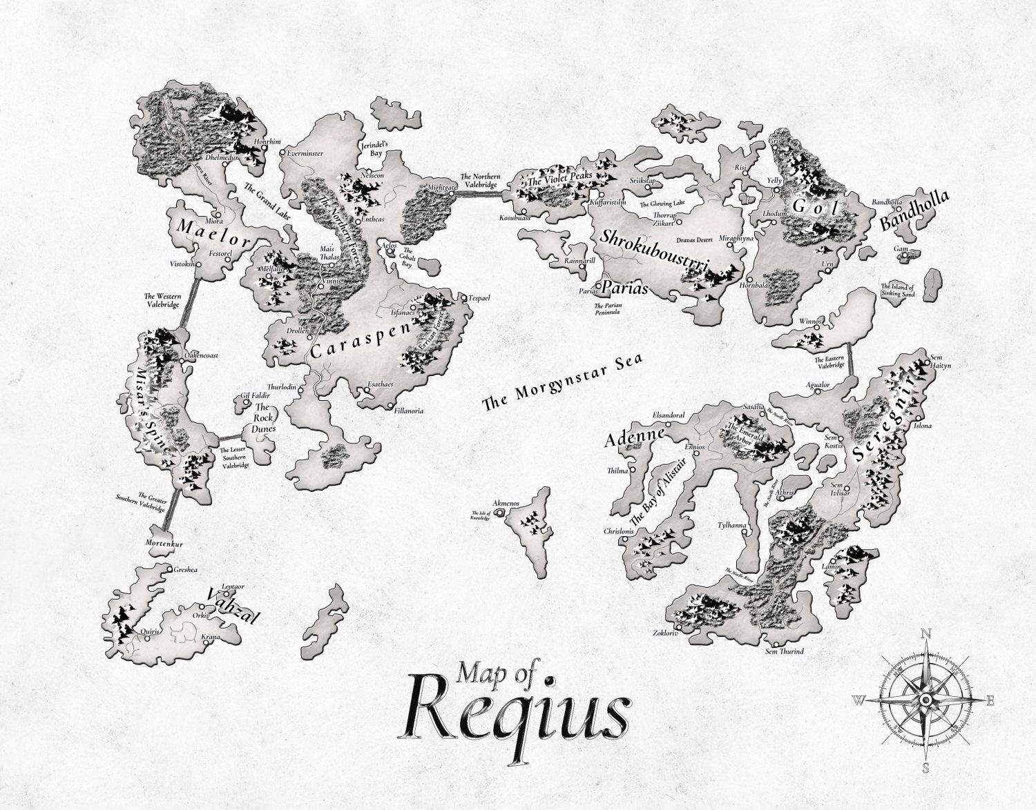 Fantasy map of Map of Reqius in a minimalistic black and white style