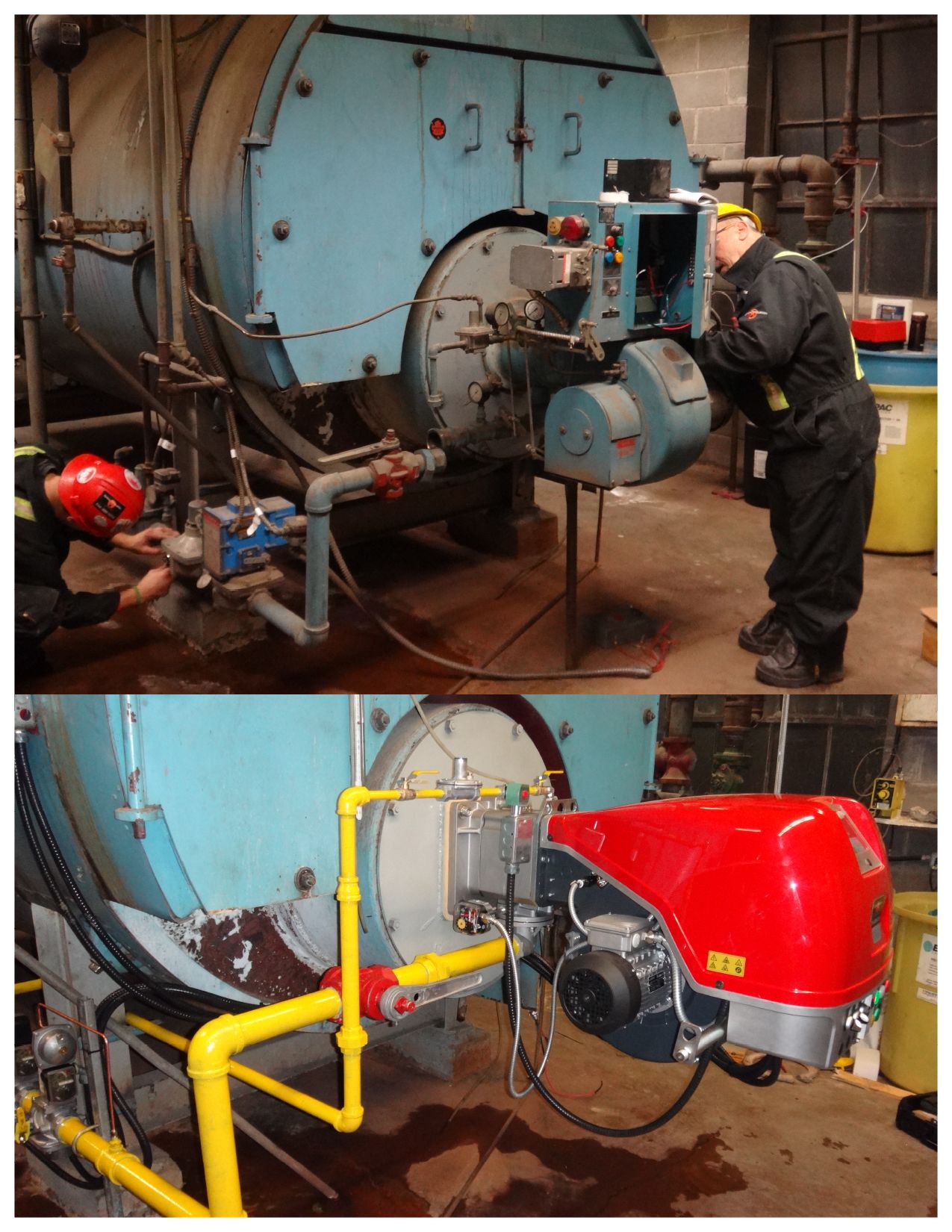 A man is working on a boiler in a factory