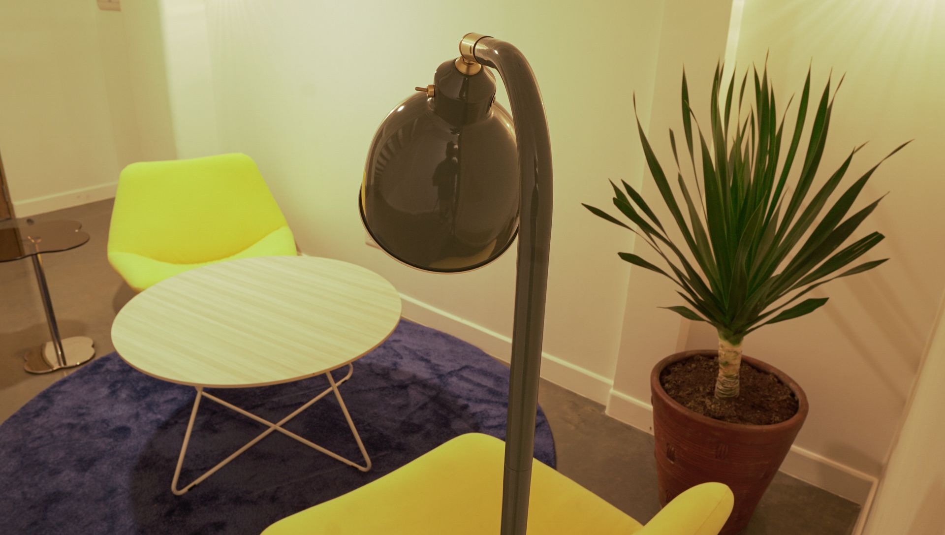 Yellow chair, small round table, blue rug, and potted plant, lit by a black lamp.