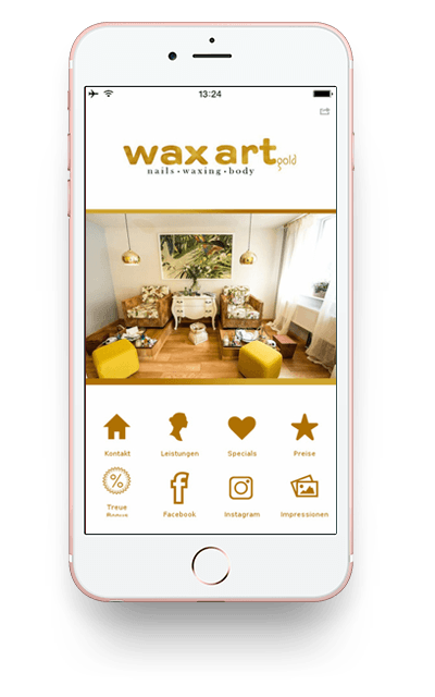 Auf dem Bildschirm eines Mobiltelefons wird die App „Wax Art“ mit einem Foto der Inneneinrichtung und Navigationsbuttons angezeigt.