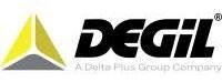 Logo de DEGIL, une société du groupe Delta Plus ; il se compose d'un triangle jaune et gris et d'un texte noir.