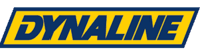 Logo de Dynaline, texte bleu foncé sur fond jaune, dans un cadre rectangulaire bleu.