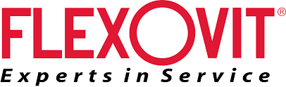 Logo rouge « FLEXOVIT » avec un « O » circulaire, « Experts au service » en dessous en texte noir.