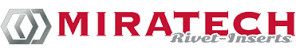 Logo de Miratech, texte rouge avec « Rivet-Inserts » en dessous, et un symbole géométrique argenté.
