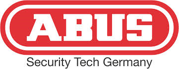 Logo ABUS : texte blanc sur fond ovale rouge, « Security Tech Germany » en dessous.