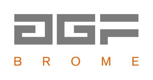 Texte stylisé gris : « OGF », avec le texte orange « BROME » en dessous.