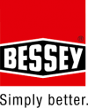 Logo BESSEY : carré rouge avec texte blanc et noir et bordure noire et blanche. Le texte indique « BESSEY » et « Simplement mieux ».