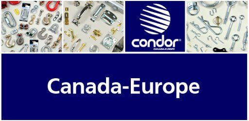 Logo de Condor Canada-Europe avec des produits de quincaillerie au-dessus d'une barre bleue avec du texte blanc.
