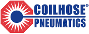 Logo de Coilhose Pneumatics, avec un cadre octogonal rouge orné de rayons de soleil blancs autour d'un cercle bleu, et du texte.
