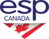 Logo pour ESP Canada, avec un texte bleu sur fond blanc et un motif représentant le drapeau canadien.