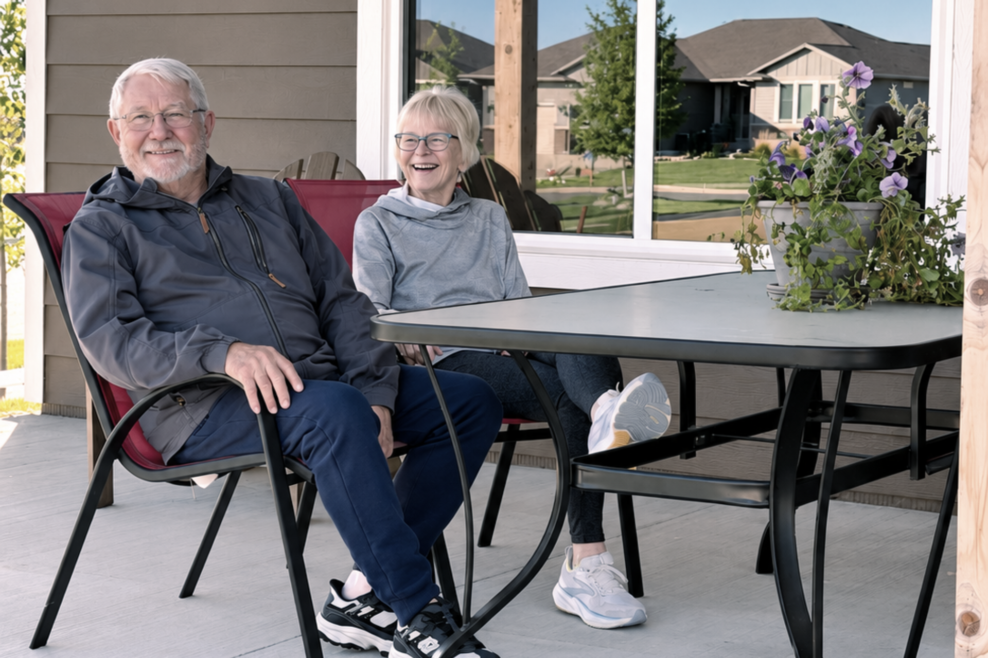 older couple smiling and laughing together while relaxing on their back patio