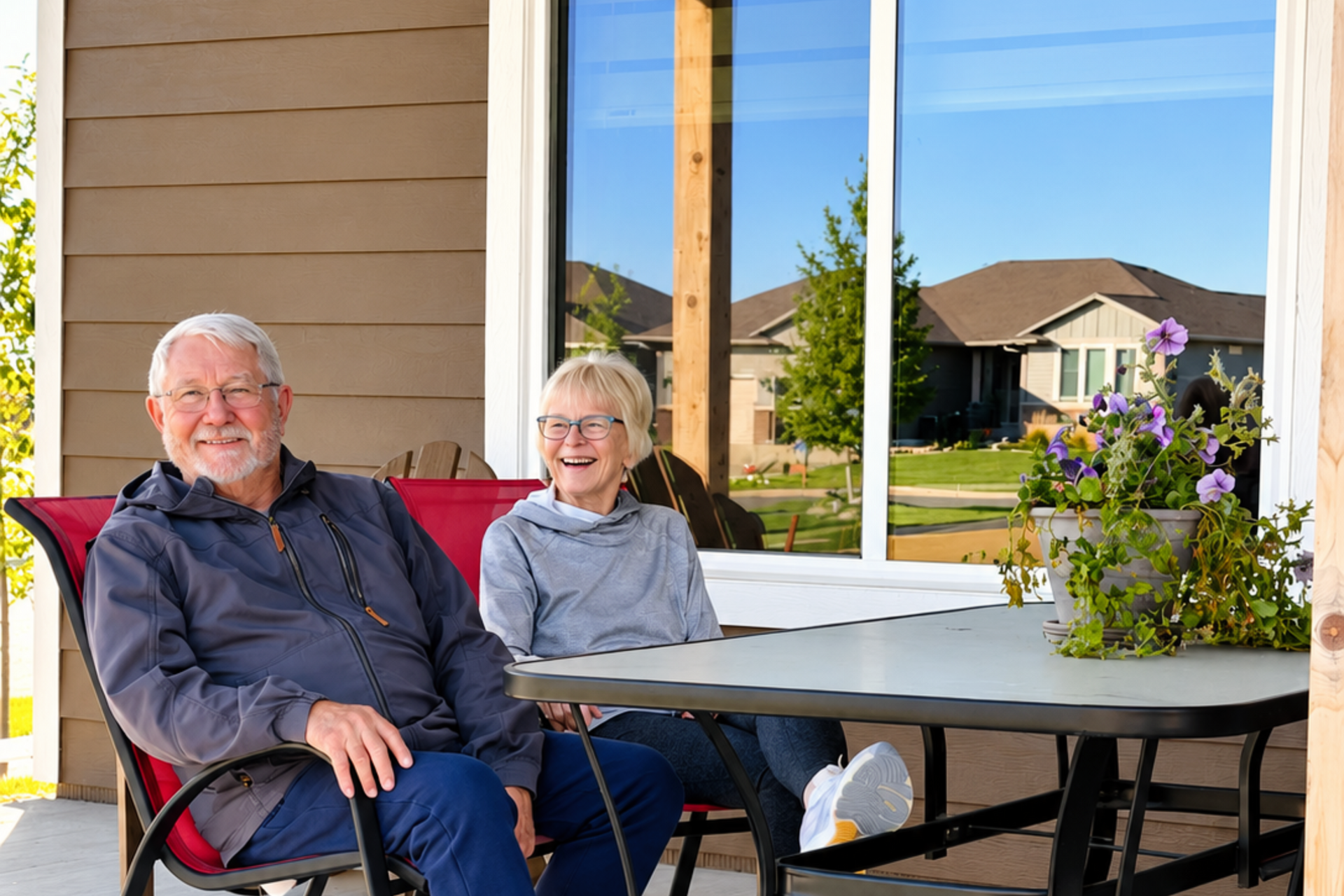 older couple smiling and laughing together while relaxing on their back patio