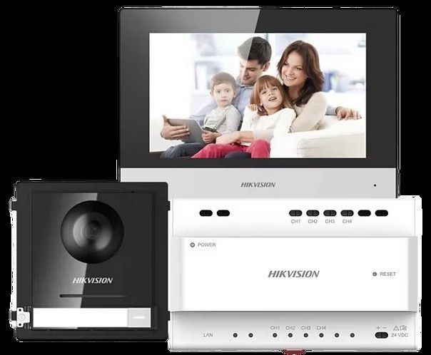 Hikvision intercom system: indoor monitor, outdoor camera, and controller, displaying a family.