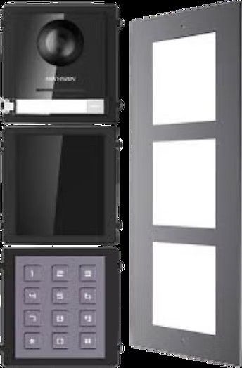 Black intercom system with camera, screen, and keypad, next to a gray panel with three white squares.