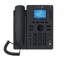 Black desk phone with handset, LCD screen, and keypad.