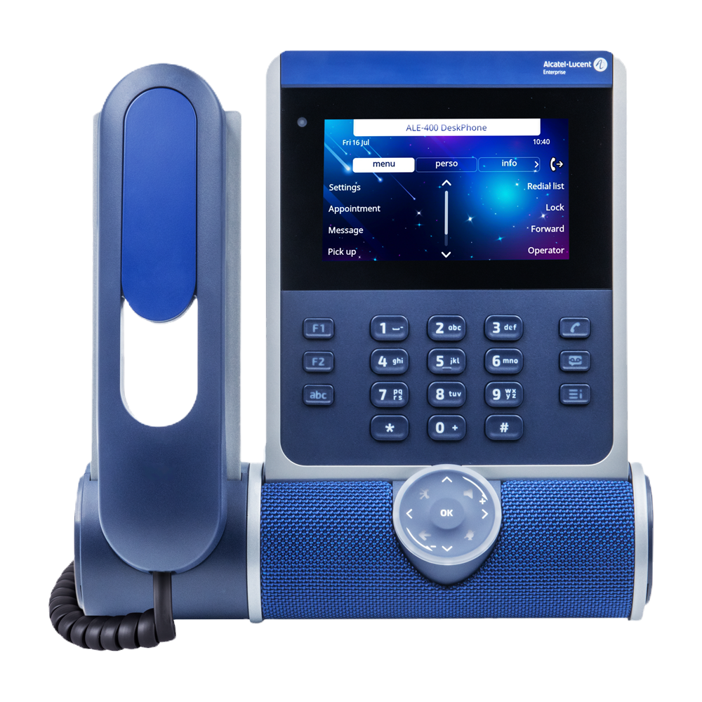 Blue and gray VOIP phone with touchscreen display and keypad.