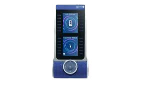 Blue and gray speaker system with a phone-like display showing a charging symbol and other options.