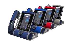 Five multi-colored touch-screen phone devices lined up, each with speakers and a handset.