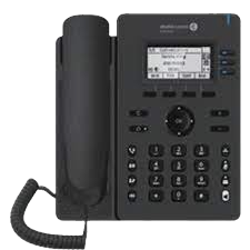 Black office phone with a small screen and number pad.