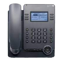 Black desk phone with LCD screen, keypad, and handset.
