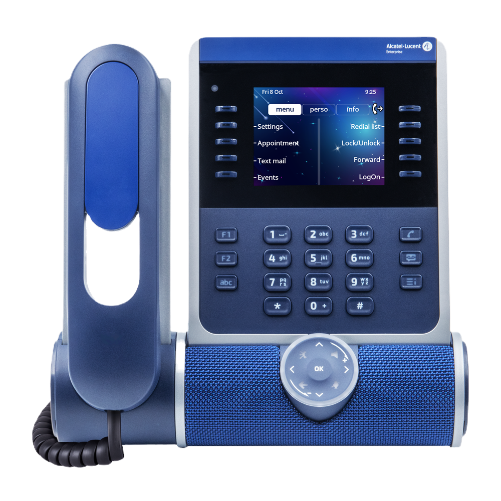 Blue and gray office phone with touchscreen and keypad.