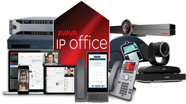 Avaya IP Office promo with desk phones, smartphones, video conference devices, and office equipment Avaya IP Office promo with desk phones, smartphones, video conference devices, and office equipment