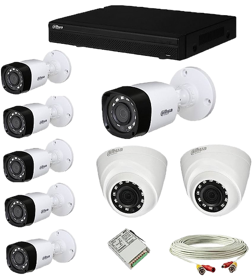 Security camera system: DVR, eight white cameras, cables, and power supply. Security camera system: DVR, eight white cameras, cables, and power supply.