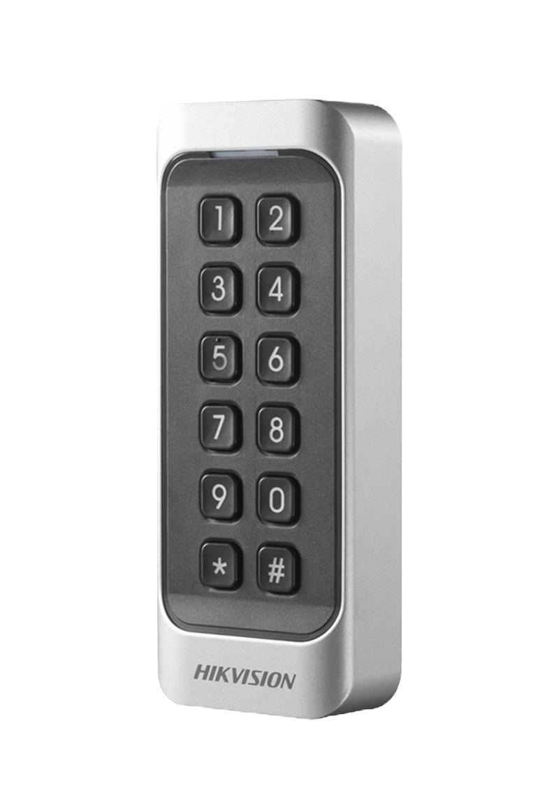 Silver keypad security access control device with black buttons and a Hikvision logo.