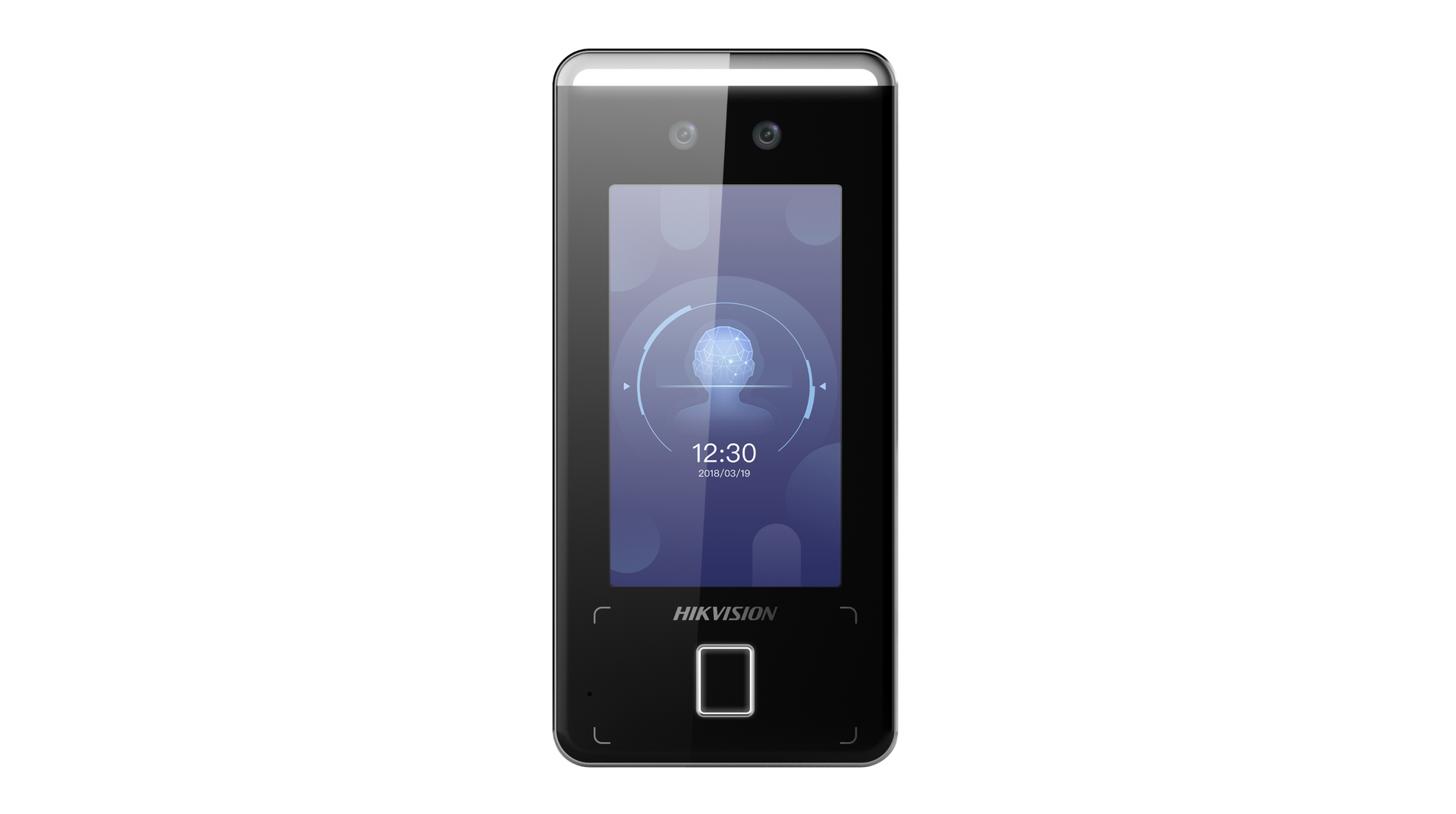 Black face recognition device with a screen displaying a fingerprint scan.