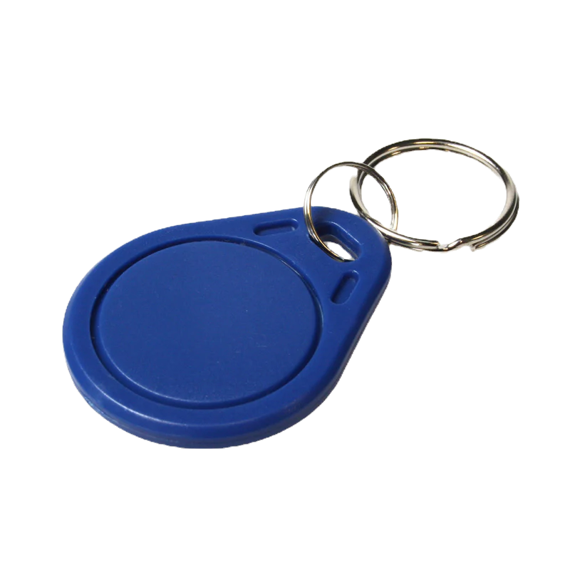 Blue RFID key fob on a keyring.