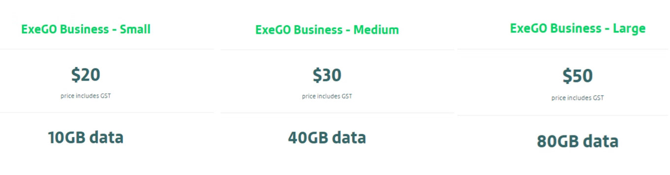 Pricing plans for business, including small, medium, and large with data and prices.