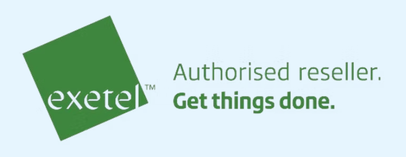 Logo for Exetel, an authorized reseller. Green square with company name, tagline: 