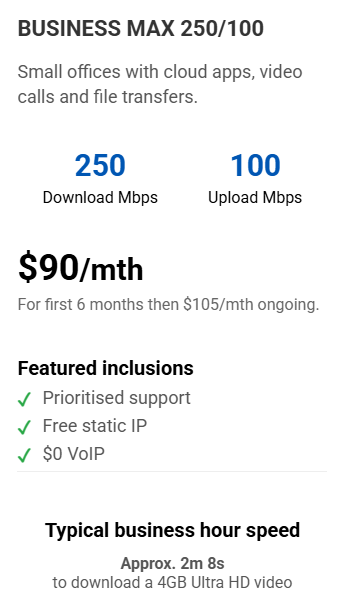 Business internet plan details: 250/100 Mbps, $90/month for 6 months, then $105, with inclusions.