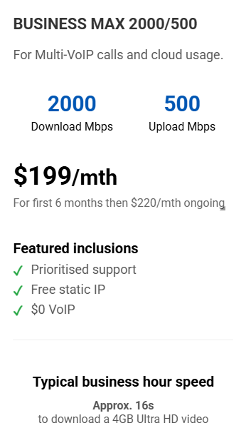 Internet plan details: 2000Mbps download, 500Mbps upload, $199/month (first 6 months), features, and estimated download time for a 4GB video.