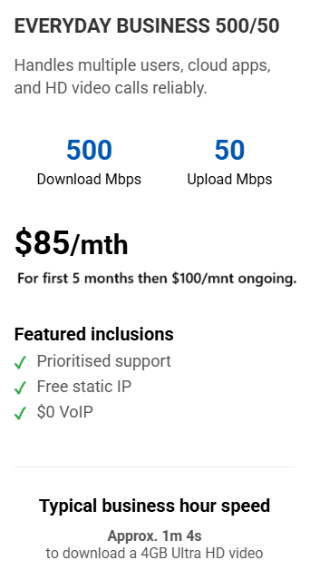 Business internet plan details: 500Mbps download, 50Mbps upload for $85/month, rising to $100 after 5 months, with prioritized support and VoIP.