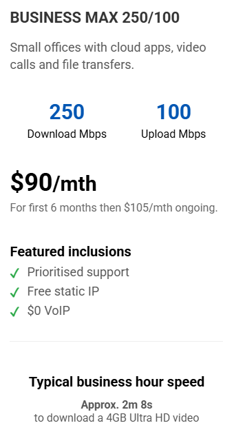 Business internet plan details, with download/upload speeds, pricing, and included features.